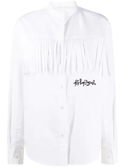 Palm Angels Logo Embroidered Fringed Shirt In White Black