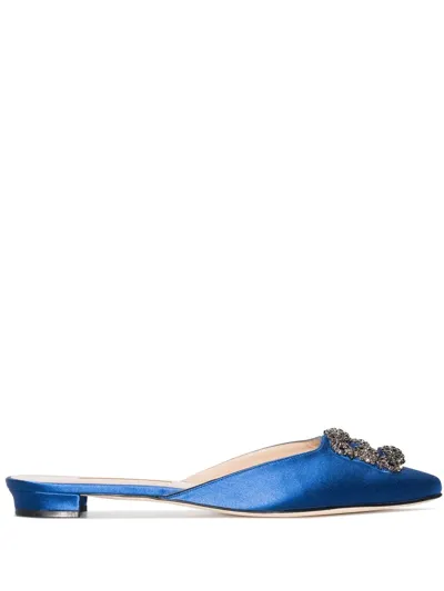 Manolo Blahnik Hangisi Crystal-buckle Flat Pumps In Blue