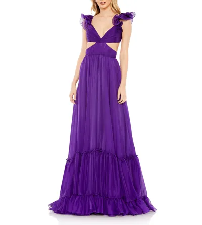 Mac Duggal Ruched Ruffled Shoulder Cut Out Lace Up Gown In Royal Purple