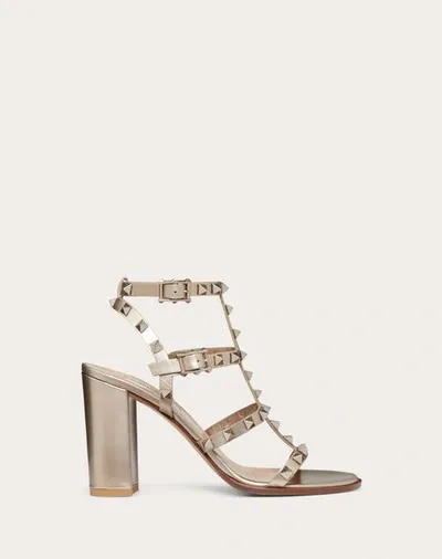 Valentino Garavani Rockstud  Metallic Calfskin Ankle Strap Sandal 90 Mm Woman Skin 40 In Gold