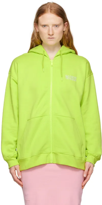 Ganni Felpa Logo Con Zip E Cappuccio In Lime Popsicle