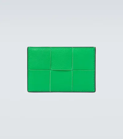 Bottega Veneta Intrecciato-woven Brand-debossed Leather Card Holder In Parakeet Silver