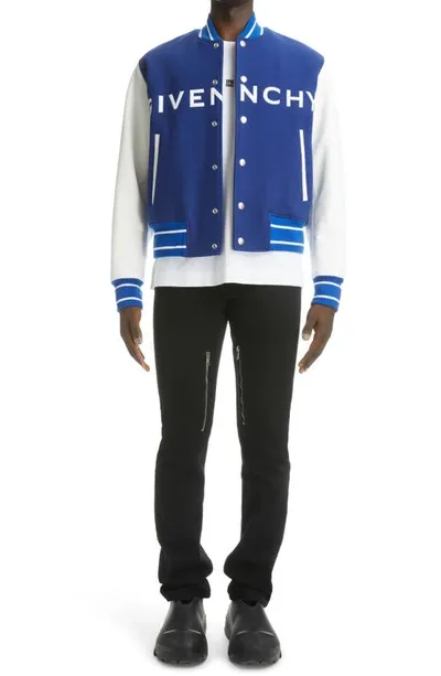 Givenchy Mixed Media Logo Wool Blend Varsity Jacket In White Blue