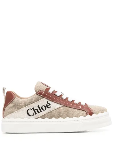 Chloé Woody Lauren Leather-trimmed Logo-print Cotton-canvas Sneakers In White Brown