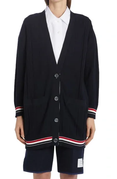 Thom Browne Rwb Stripe-detail Oversized-fit Cardigan In Blue