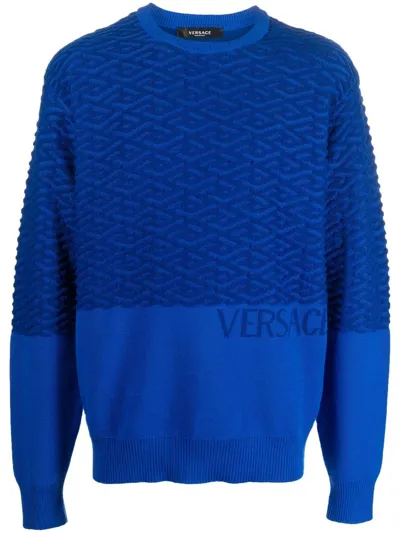 Versace Logo-intarsia Crew Neck Jumper In Blue