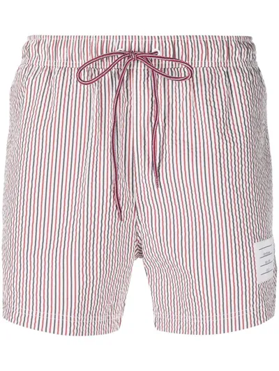 Thom Browne Tricolour Striped Seersucker Swim Shorts In Red White Blue