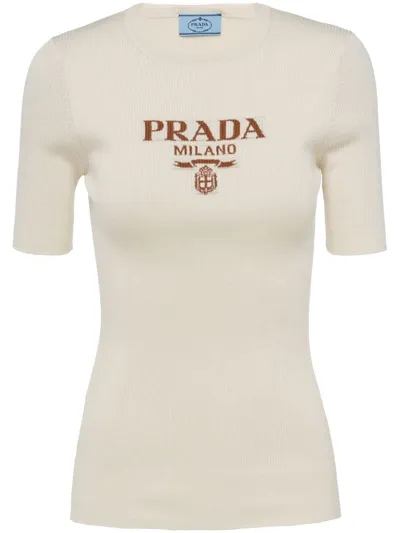 Prada Silk Crew-neck Sweater With Logo In Beige