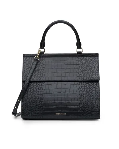 Modern Picnic The Large Luncher Crocodile-embossed Vegan Leather Bag In Black Croc