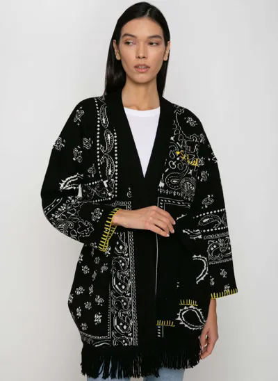 Mc2 Saint Barth Woman Bandanna Coat With Belt And St. Barth Embroidery In Black