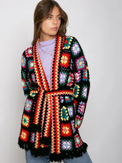 Mc2 Saint Barth Multicolor Crochet Coat With Belt In Black