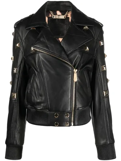 Philipp Plein Studded Leather Bomber Jacket In Black