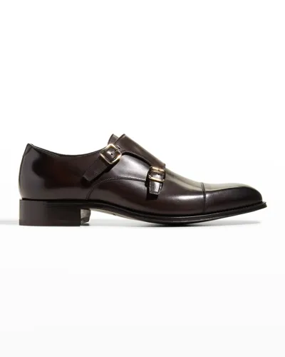 Tom Ford Men's Claydon Leather Double Monk Strap Loafers In Ebony