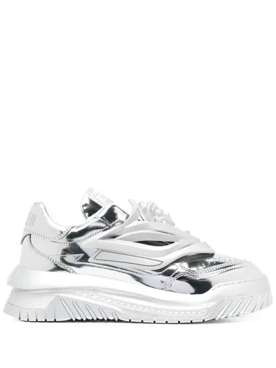 Versace Odissea Laminate Leather Sneakers In Metallic