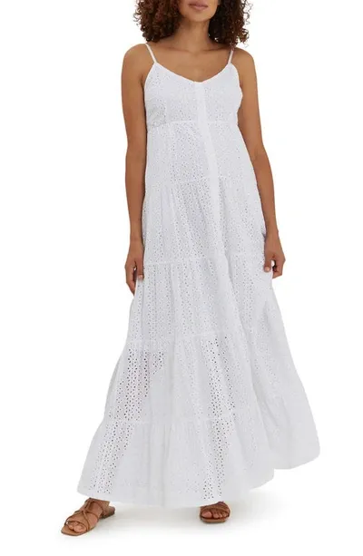 Nom Maternity Lisboa Tiered Eyelet Maxi Dress In White