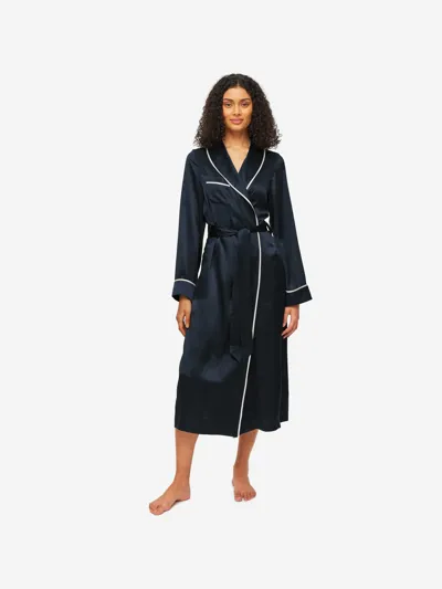 Derek Rose Women's Long Dressing Gown Bailey Silk Satin Navy