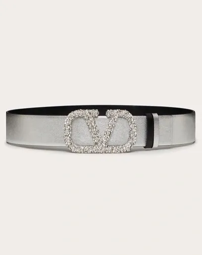 Valentino Garavani Reversible Vlogo Signature Belt In Metallic Calfskin 40 Mm Woman Silver 100