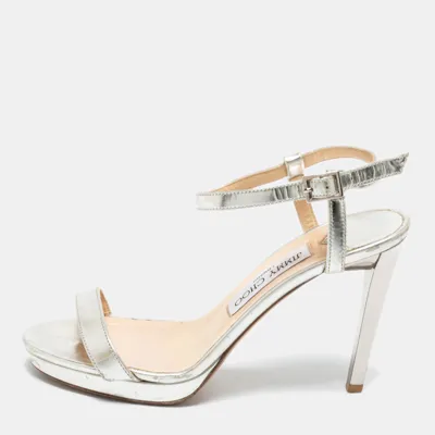 Pre-owned Jimmy Choo Metallic Silver Leather Minny Ankle Strap Sandals Size 37