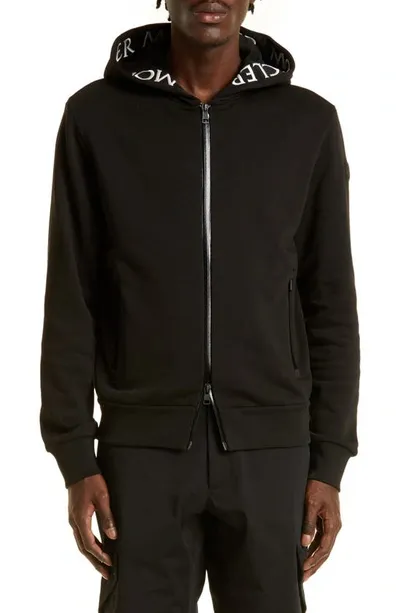 Moncler Logo Tape Cotton Zip Hoodie In Black