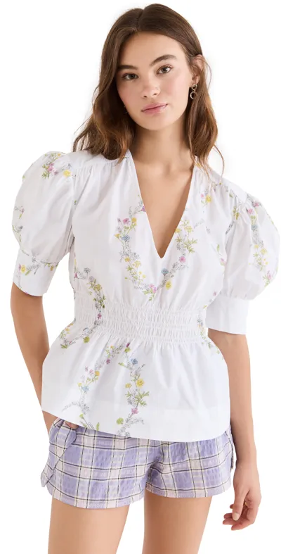 Ganni Floral V-neck Poplin Cotton Blouse In Floral Shape Bright White