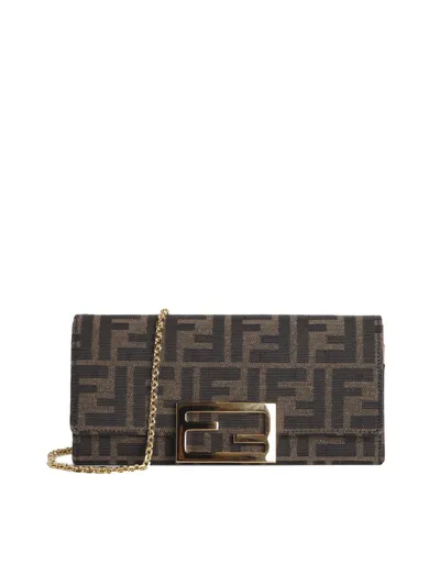 Fendi Continental Logo Plaque Chained Wallet In Brown