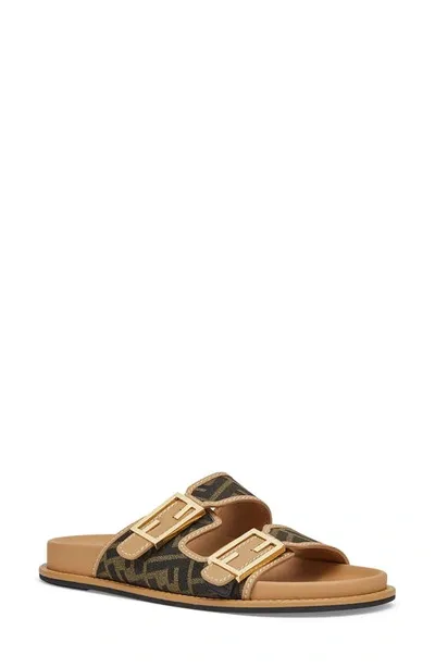 Fendi Ff Jacquard Dual Buckle Slide Sandals In Brown Multi