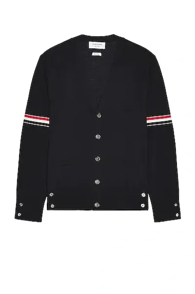 Thom Browne Stripe Armbands Merino Wool Cardigan In Navy