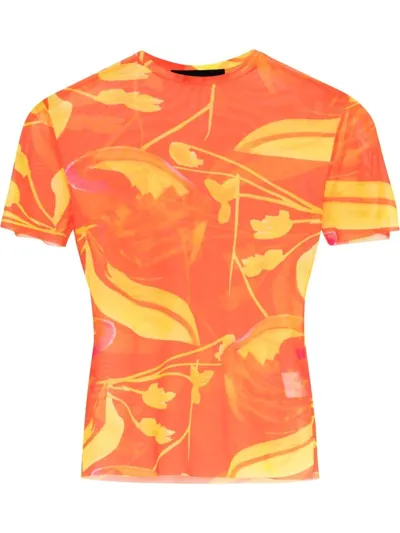 Louisa Ballou Orange Floral Print Mesh Beach T-shirt In Orchid Flame