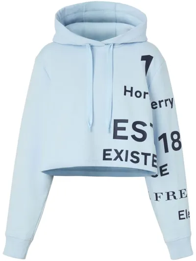 Burberry Jenny Horseferry Print Crop Cotton Hoodie In Pale Blue