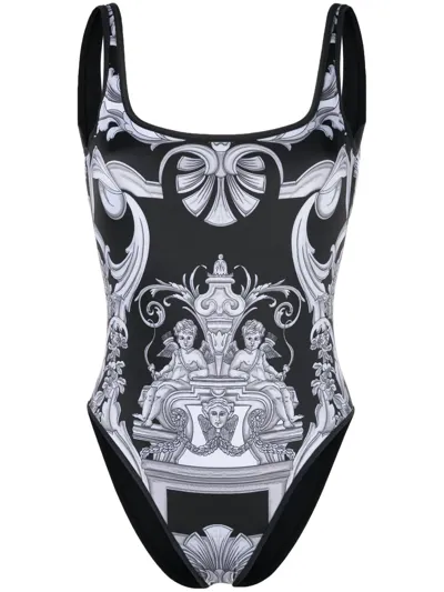 Versace One Piece Swimsuit With Double Face Print In Black White