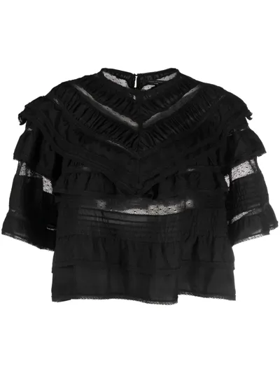 Isabel Marant Cielo Ruffled Crocheted Lace-paneled Cotton-poplin Blouse In Black