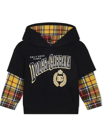 Dolce & Gabbana Babies' Logo-print Tartan-sleeve Hoodie In Blue