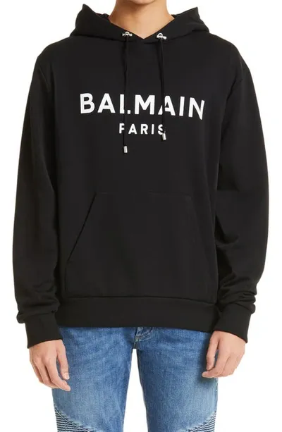 Balmain Logo Print Cotton Jersey Hoodie In Black