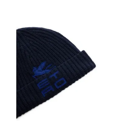 Etro Wool Knit Hat Featuring The Cube Logo In Navy