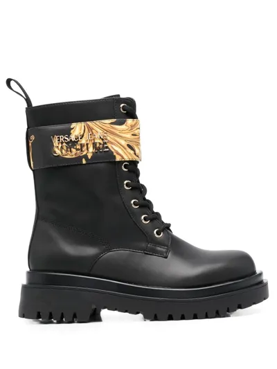 Versace Jeans Couture Baroque-print Ankle Boots In Black