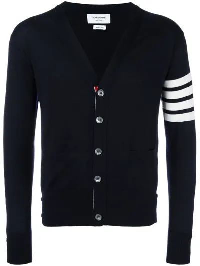 Thom Browne Blue 4-bar Stripe Merino Wool Cardigan In Black