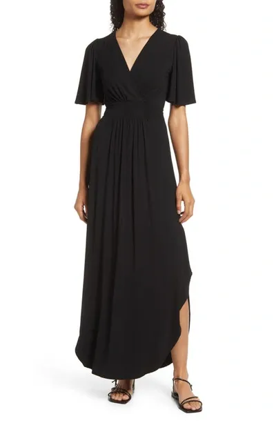 Fraiche By J Flutter Sleeve Jersey Maxi Dress In Black