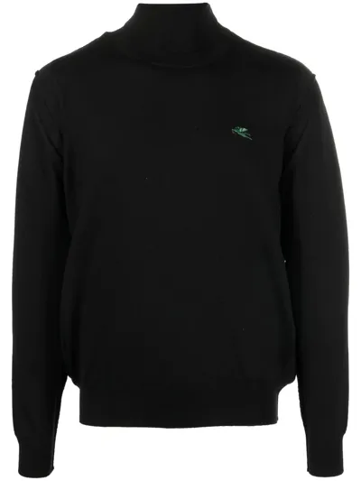 Etro Logo-embroidered Roll-neck Jumper In Schwarz