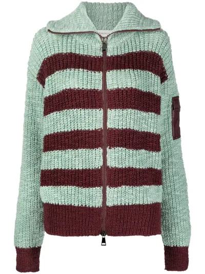 Moncler Woman Mint Green And Burgundy Striped Wool And Cotton Cardigan In Mint Burgundy