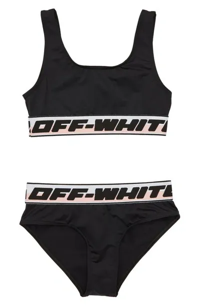 Off-white Kids' Logo Tape One-shoulder Bikini In Black Black