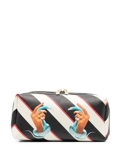 Seletti Graphic-print Striped Wash Bag In Black