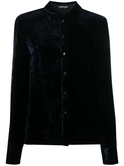 Tom Ford Velvet-effect Long-sleeve Shirt In Blue