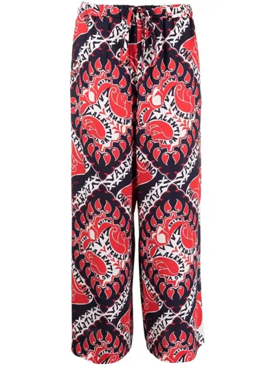 Valentino Red And Navy Manifesto Bandana Print Silk Trousers