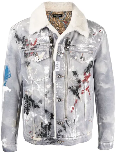 Philipp Plein Painterly-print Sherpa Denim Jacket In Silver