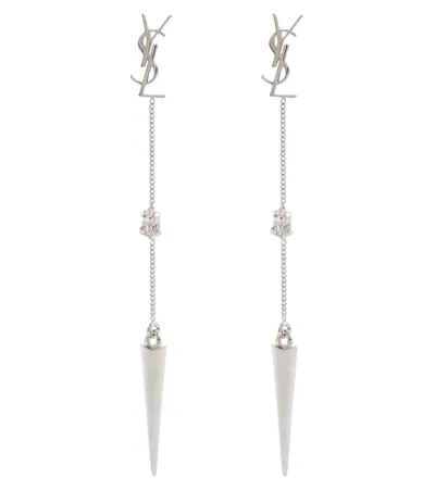 Saint Laurent Logo And Spike-embellished Brass And Glass Drop Earrings In White