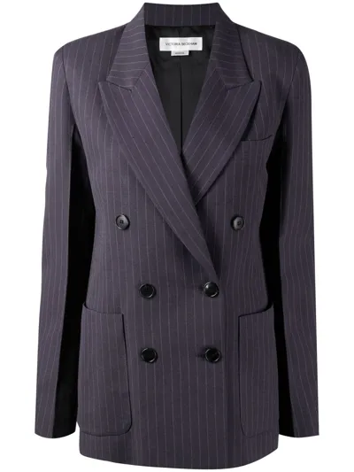 Victoria Beckham Double-breasted Pinstriped Woven Blazer In Blue