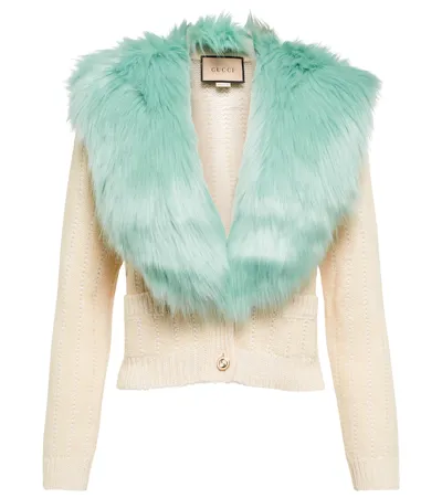 Gucci Ecru-coloured Cardigan With Collar In Blue Shearling In White