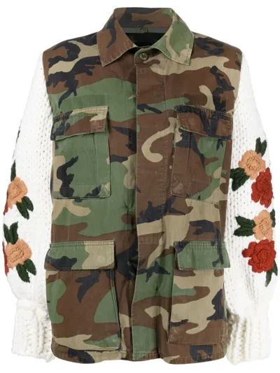 Tu Lizé Multi-pocket Camouflage Jacket With Crochet Sleeves In Green