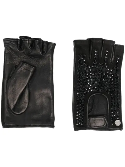 Philipp Plein Crystal-embellished Leather Gloves In Schwarz