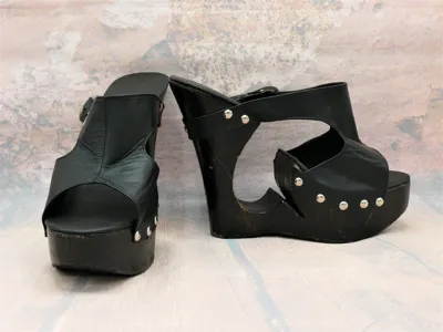 Pre-owned Markenlos Exotische Handgefertigte High-heels Mit Echter Holzsohle, Echtem Leder Und Verst